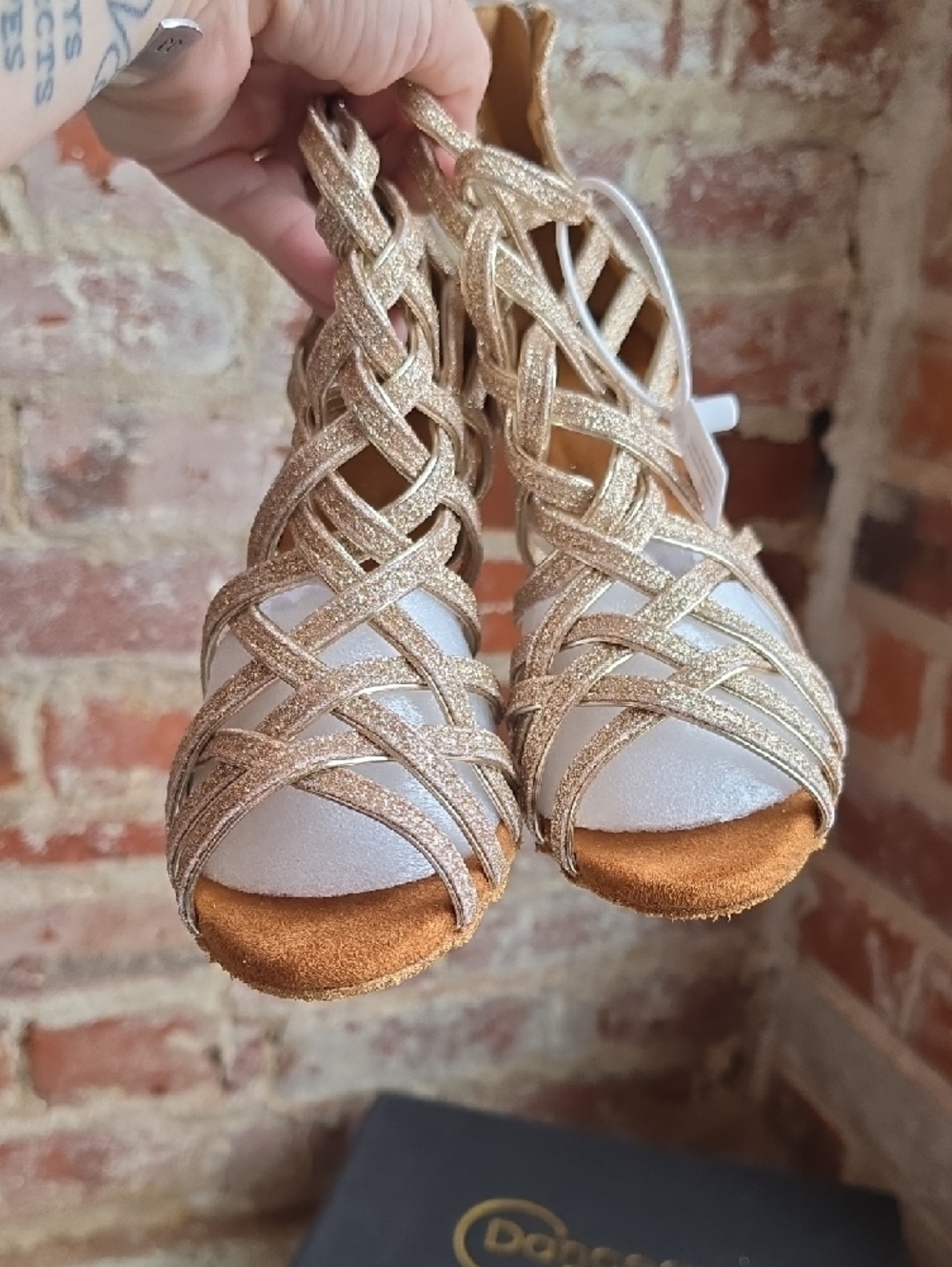 Glitter Gold Strappy Caged Heels for Women - Picture 3 of 6